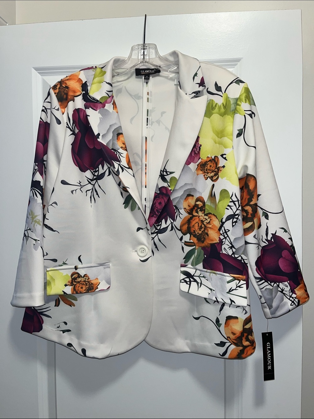 Glamour White Floral Blazer with Purple, Orange & Lime Accents